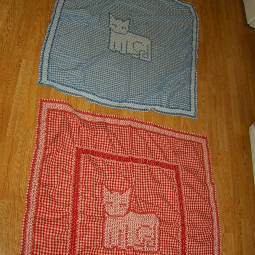 2 Vintage Baby or Doll Blankets with Cat Handmade BOTTOM DOLLAR SALE!!!!!
